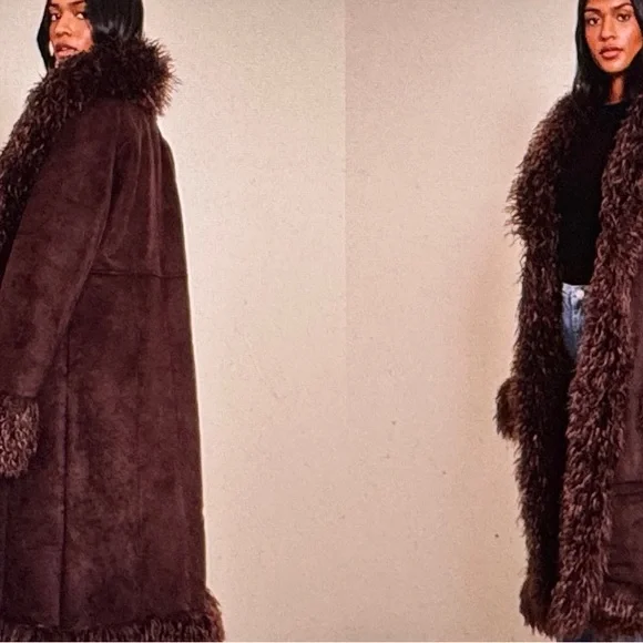 Women's Chocolate Brown Afghan style Maxi coat with Faux Fur Trim "HOT ITEM" - Picture 7 of 7